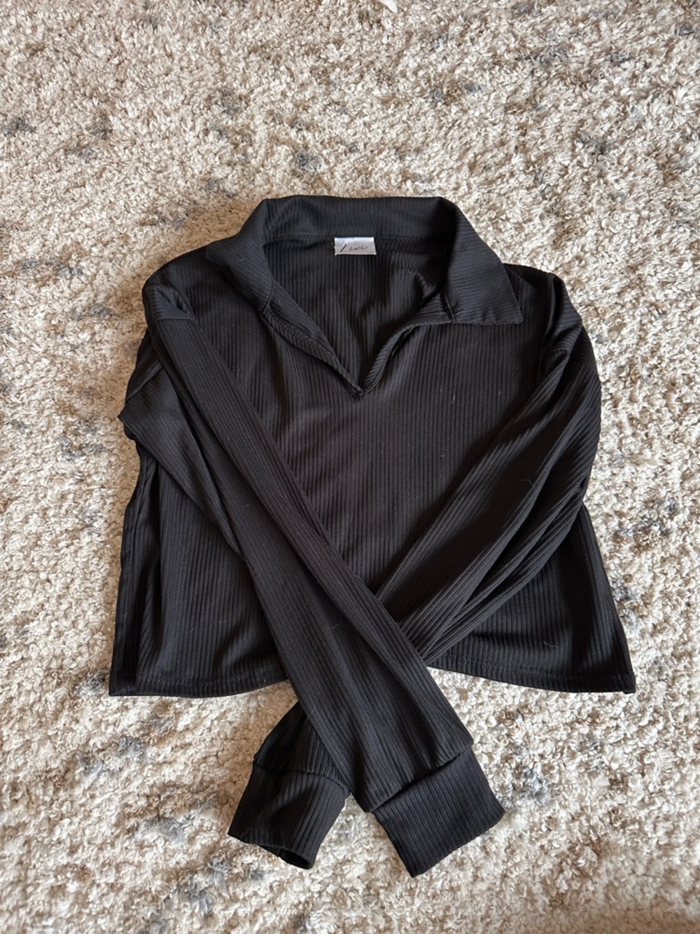 Olivia Rae Black Crop Ribbed Long-Sleeve Polo Tee
